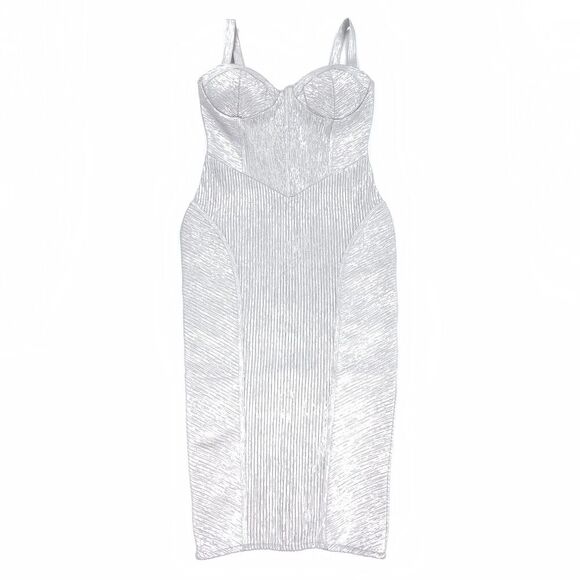 NWT Retrofete Zora Coated Knit Dress Silver Bustier Cup Midi Bodycon Glam Large - Picture 1 of 10